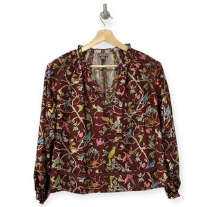 J Crew Point Sur Popover Blouse Extra Small Bird Floral Metallic Top
